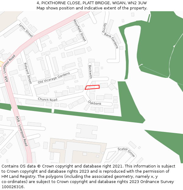 4, PICKTHORNE CLOSE, PLATT BRIDGE, WIGAN, WN2 3UW: Location map and indicative extent of plot