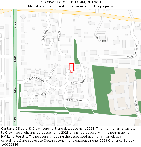 4, PICKWICK CLOSE, DURHAM, DH1 3QU: Location map and indicative extent of plot