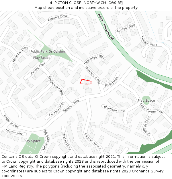 4, PICTON CLOSE, NORTHWICH, CW9 8FJ: Location map and indicative extent of plot