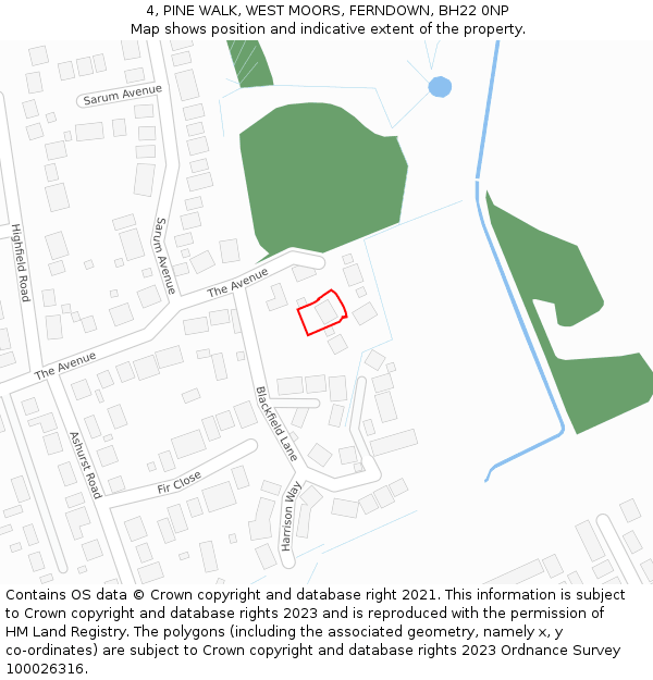 4, PINE WALK, WEST MOORS, FERNDOWN, BH22 0NP: Location map and indicative extent of plot