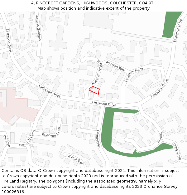 4, PINECROFT GARDENS, HIGHWOODS, COLCHESTER, CO4 9TH: Location map and indicative extent of plot