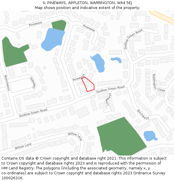 4, PINEWAYS, APPLETON, WARRINGTON, WA4 5EJ: Location map and indicative extent of plot