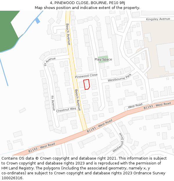 4, PINEWOOD CLOSE, BOURNE, PE10 9RJ: Location map and indicative extent of plot