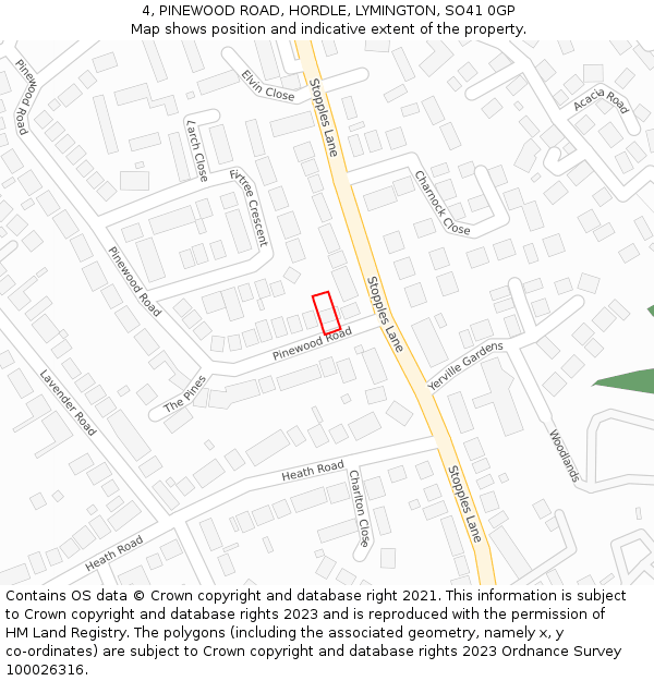 4, PINEWOOD ROAD, HORDLE, LYMINGTON, SO41 0GP: Location map and indicative extent of plot