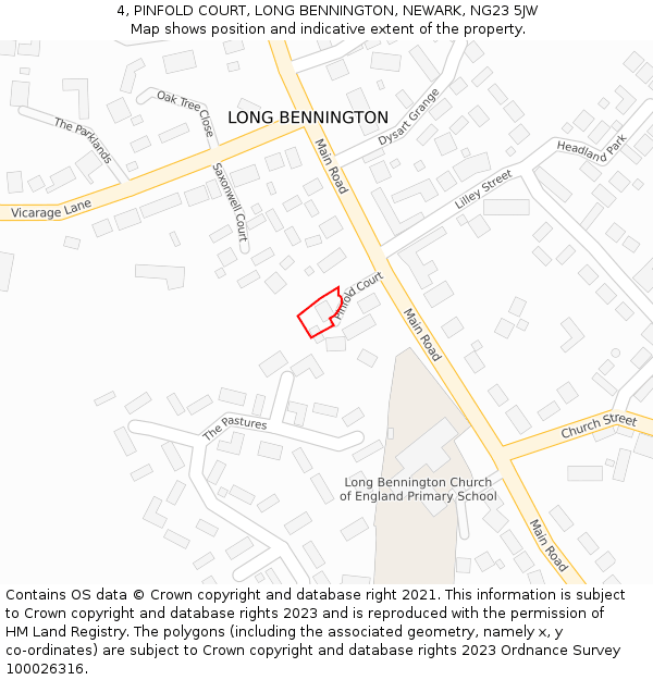 4, PINFOLD COURT, LONG BENNINGTON, NEWARK, NG23 5JW: Location map and indicative extent of plot