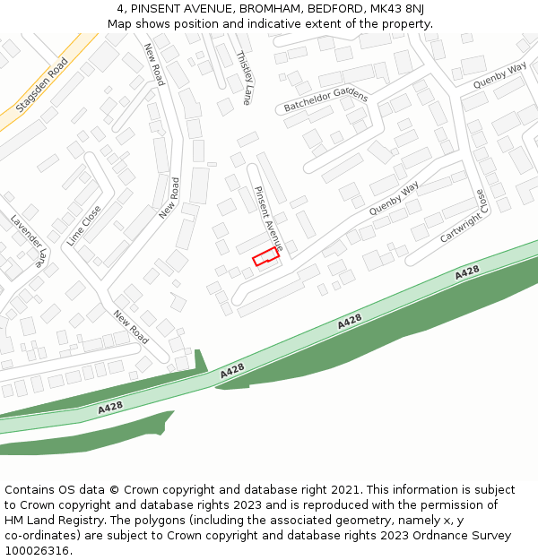 4, PINSENT AVENUE, BROMHAM, BEDFORD, MK43 8NJ: Location map and indicative extent of plot