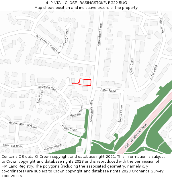 4, PINTAIL CLOSE, BASINGSTOKE, RG22 5UG: Location map and indicative extent of plot