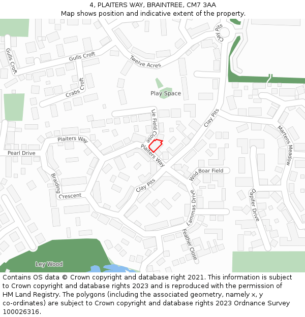 4, PLAITERS WAY, BRAINTREE, CM7 3AA: Location map and indicative extent of plot