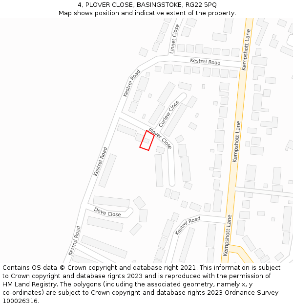 4, PLOVER CLOSE, BASINGSTOKE, RG22 5PQ: Location map and indicative extent of plot