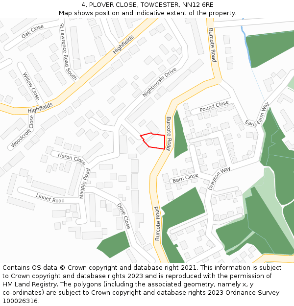 4, PLOVER CLOSE, TOWCESTER, NN12 6RE: Location map and indicative extent of plot
