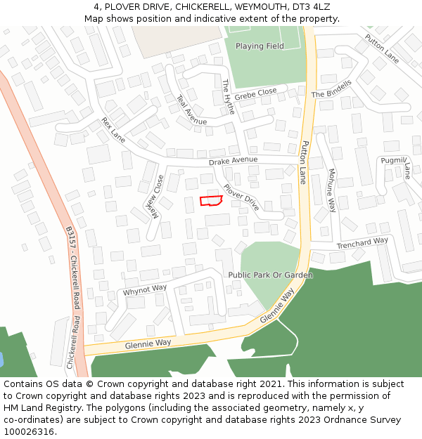 4, PLOVER DRIVE, CHICKERELL, WEYMOUTH, DT3 4LZ: Location map and indicative extent of plot