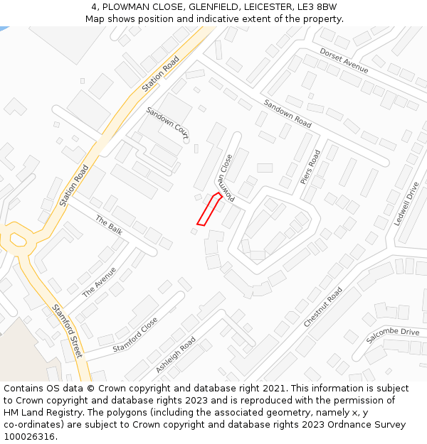 4, PLOWMAN CLOSE, GLENFIELD, LEICESTER, LE3 8BW: Location map and indicative extent of plot