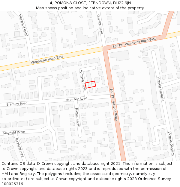 4, POMONA CLOSE, FERNDOWN, BH22 9JN: Location map and indicative extent of plot