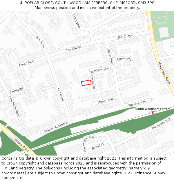 4, POPLAR CLOSE, SOUTH WOODHAM FERRERS, CHELMSFORD, CM3 5PS: Location map and indicative extent of plot