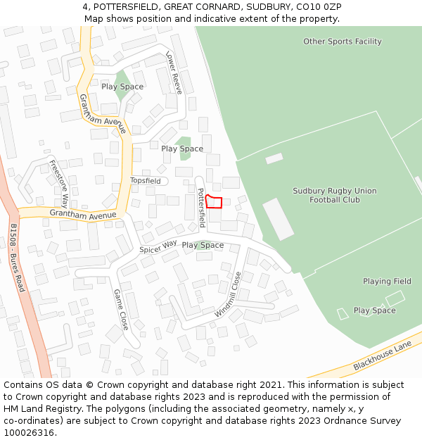 4, POTTERSFIELD, GREAT CORNARD, SUDBURY, CO10 0ZP: Location map and indicative extent of plot