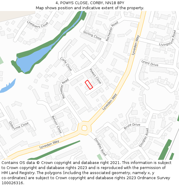 4, POWYS CLOSE, CORBY, NN18 8PY: Location map and indicative extent of plot