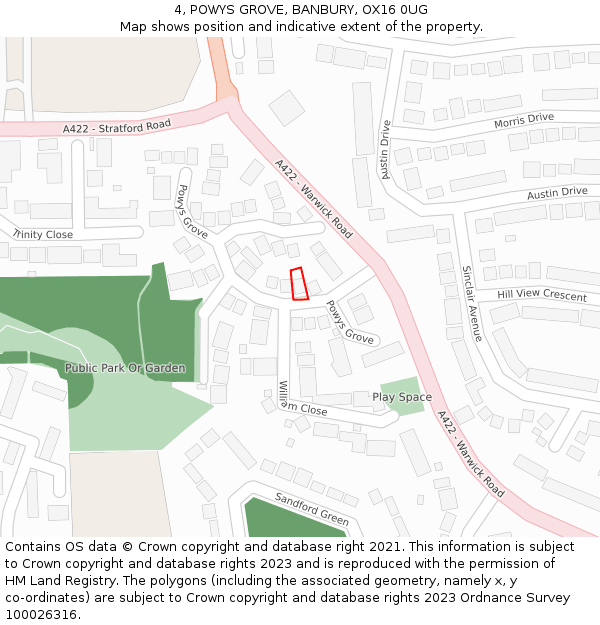 4, POWYS GROVE, BANBURY, OX16 0UG: Location map and indicative extent of plot