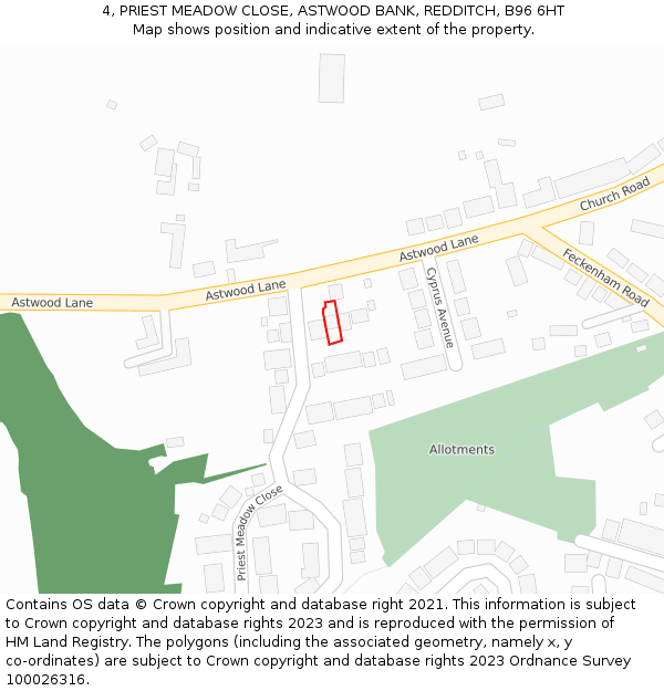 4, PRIEST MEADOW CLOSE, ASTWOOD BANK, REDDITCH, B96 6HT: Location map and indicative extent of plot