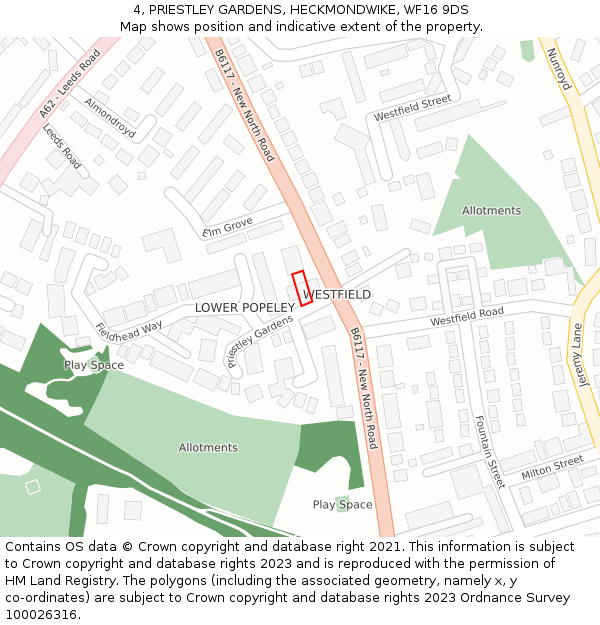 4, PRIESTLEY GARDENS, HECKMONDWIKE, WF16 9DS: Location map and indicative extent of plot