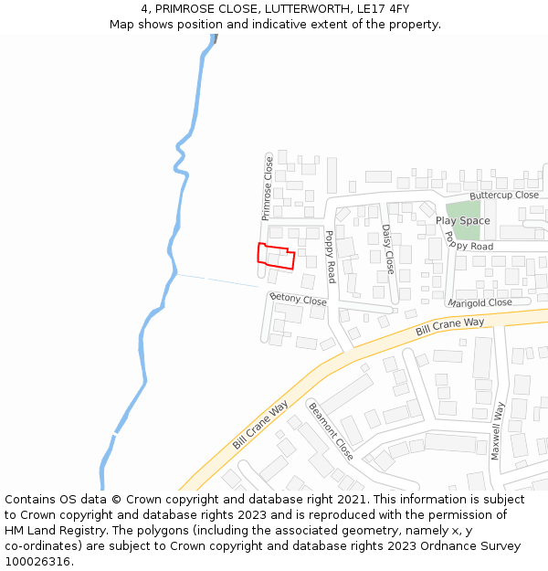 4, PRIMROSE CLOSE, LUTTERWORTH, LE17 4FY: Location map and indicative extent of plot