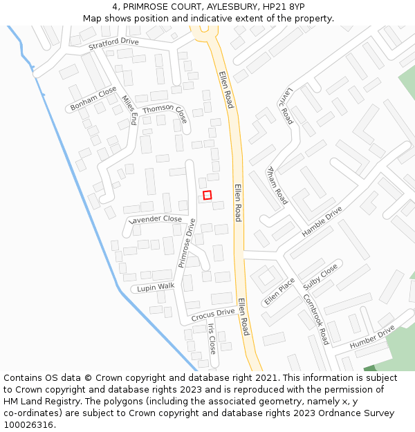 4, PRIMROSE COURT, AYLESBURY, HP21 8YP: Location map and indicative extent of plot
