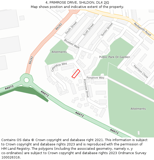 4, PRIMROSE DRIVE, SHILDON, DL4 2JQ: Location map and indicative extent of plot