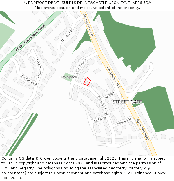 4, PRIMROSE DRIVE, SUNNISIDE, NEWCASTLE UPON TYNE, NE16 5DA: Location map and indicative extent of plot