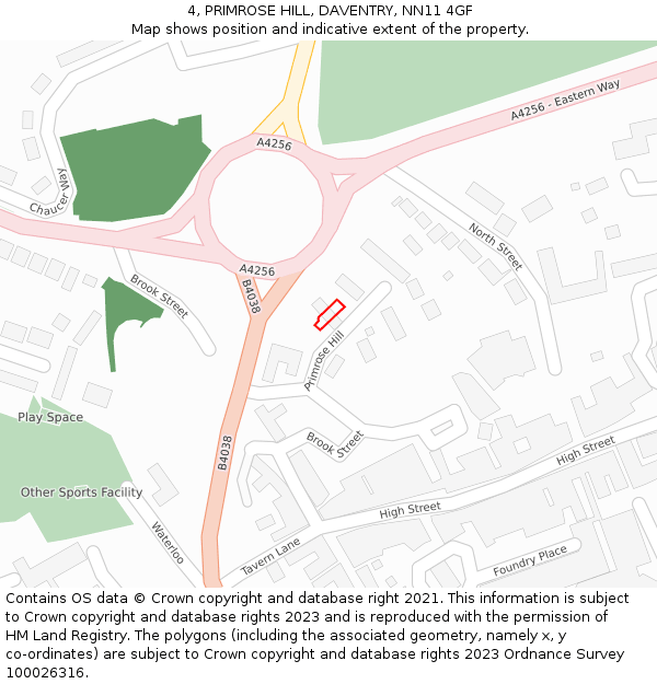 4, PRIMROSE HILL, DAVENTRY, NN11 4GF: Location map and indicative extent of plot