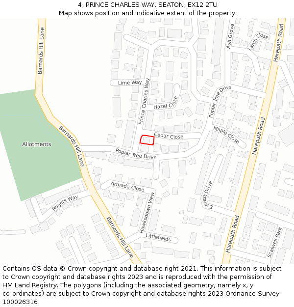 4, PRINCE CHARLES WAY, SEATON, EX12 2TU: Location map and indicative extent of plot
