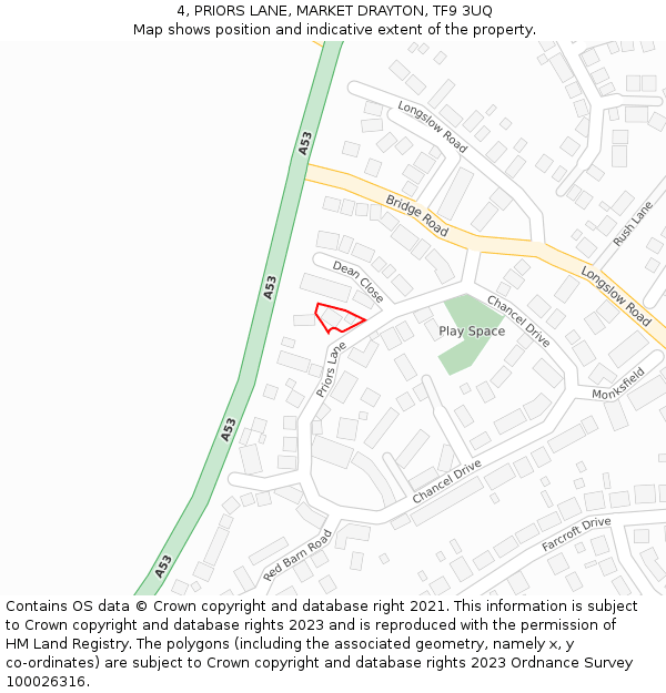 4, PRIORS LANE, MARKET DRAYTON, TF9 3UQ: Location map and indicative extent of plot