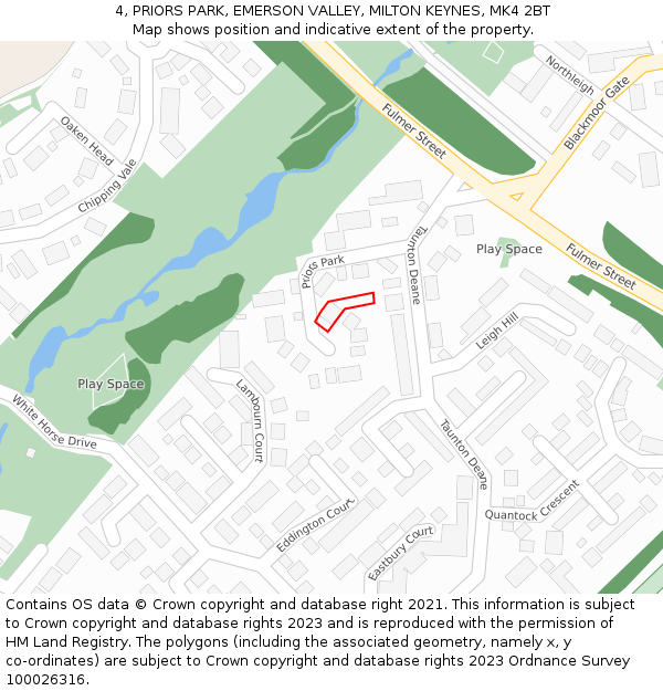 4, PRIORS PARK, EMERSON VALLEY, MILTON KEYNES, MK4 2BT: Location map and indicative extent of plot