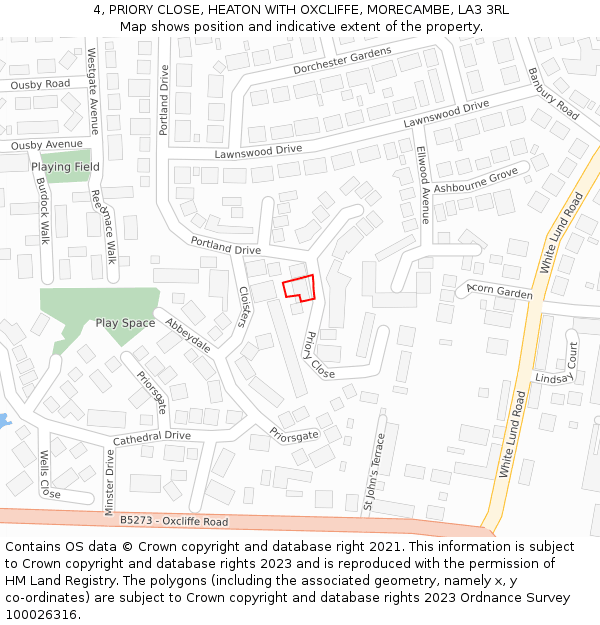 4, PRIORY CLOSE, HEATON WITH OXCLIFFE, MORECAMBE, LA3 3RL: Location map and indicative extent of plot