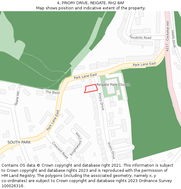 4, PRIORY DRIVE, REIGATE, RH2 8AF: Location map and indicative extent of plot