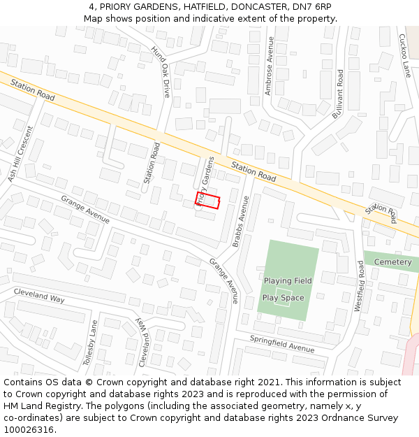 4, PRIORY GARDENS, HATFIELD, DONCASTER, DN7 6RP: Location map and indicative extent of plot