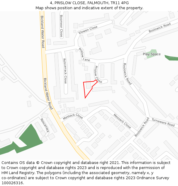 4, PRISLOW CLOSE, FALMOUTH, TR11 4PG: Location map and indicative extent of plot