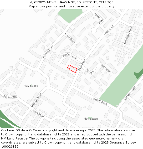 4, PROBYN MEWS, HAWKINGE, FOLKESTONE, CT18 7QE: Location map and indicative extent of plot
