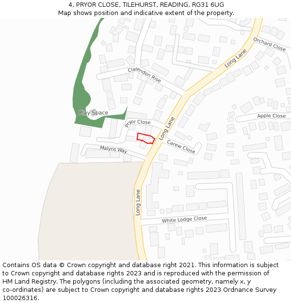 4, PRYOR CLOSE, TILEHURST, READING, RG31 6UG: Location map and indicative extent of plot