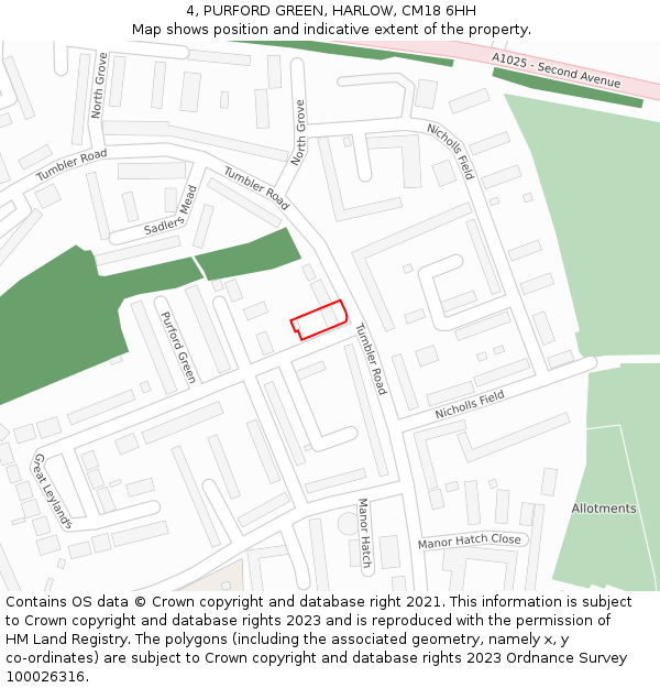 4, PURFORD GREEN, HARLOW, CM18 6HH: Location map and indicative extent of plot