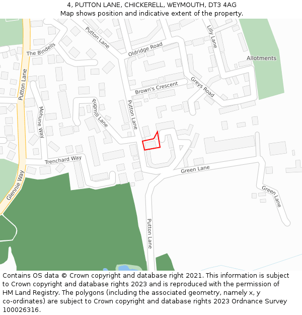 4, PUTTON LANE, CHICKERELL, WEYMOUTH, DT3 4AG: Location map and indicative extent of plot