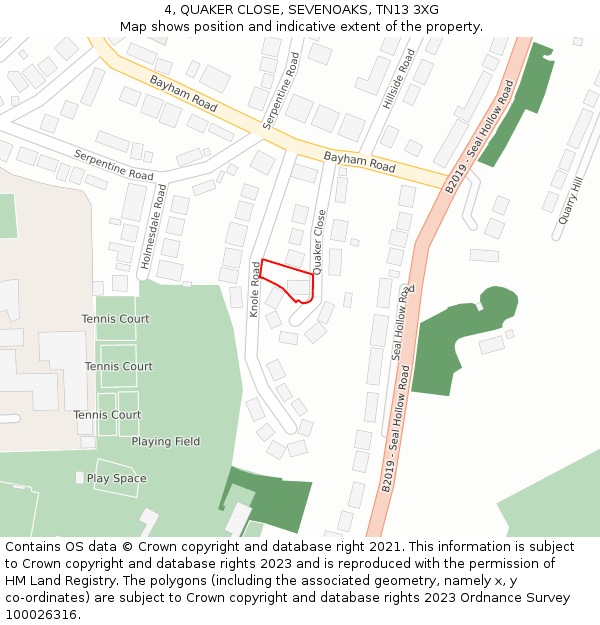 4, QUAKER CLOSE, SEVENOAKS, TN13 3XG: Location map and indicative extent of plot