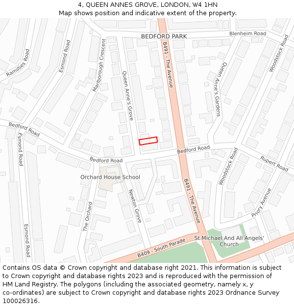 4, QUEEN ANNES GROVE, LONDON, W4 1HN: Location map and indicative extent of plot