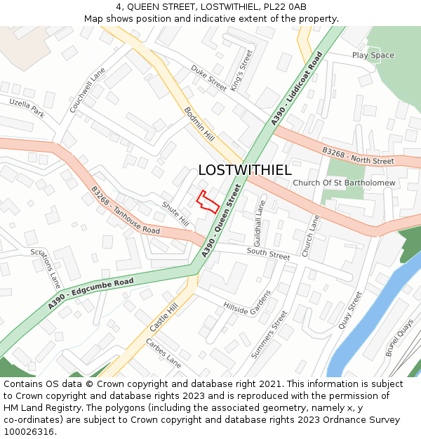 4, QUEEN STREET, LOSTWITHIEL, PL22 0AB: Location map and indicative extent of plot