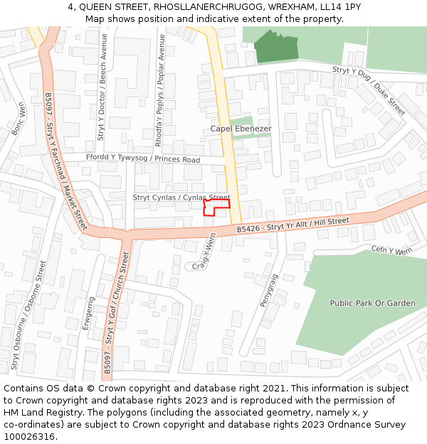 4, QUEEN STREET, RHOSLLANERCHRUGOG, WREXHAM, LL14 1PY: Location map and indicative extent of plot