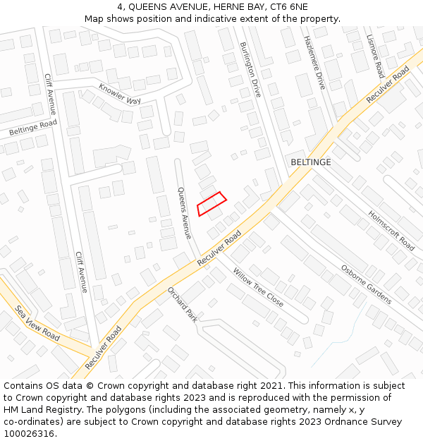 4, QUEENS AVENUE, HERNE BAY, CT6 6NE: Location map and indicative extent of plot