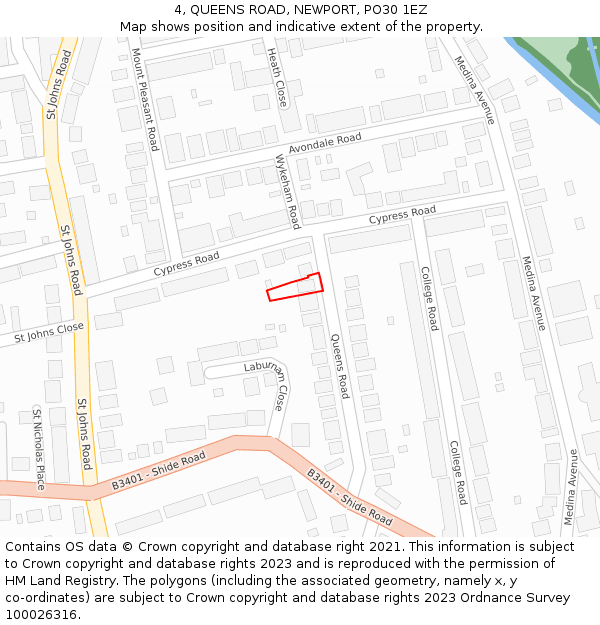 4, QUEENS ROAD, NEWPORT, PO30 1EZ: Location map and indicative extent of plot