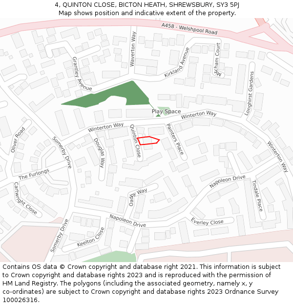 4, QUINTON CLOSE, BICTON HEATH, SHREWSBURY, SY3 5PJ: Location map and indicative extent of plot