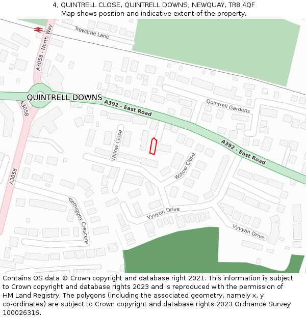 4, QUINTRELL CLOSE, QUINTRELL DOWNS, NEWQUAY, TR8 4QF: Location map and indicative extent of plot