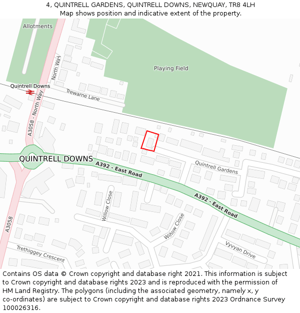 4, QUINTRELL GARDENS, QUINTRELL DOWNS, NEWQUAY, TR8 4LH: Location map and indicative extent of plot