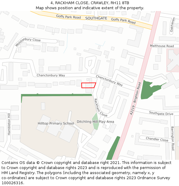 4, RACKHAM CLOSE, CRAWLEY, RH11 8TB: Location map and indicative extent of plot