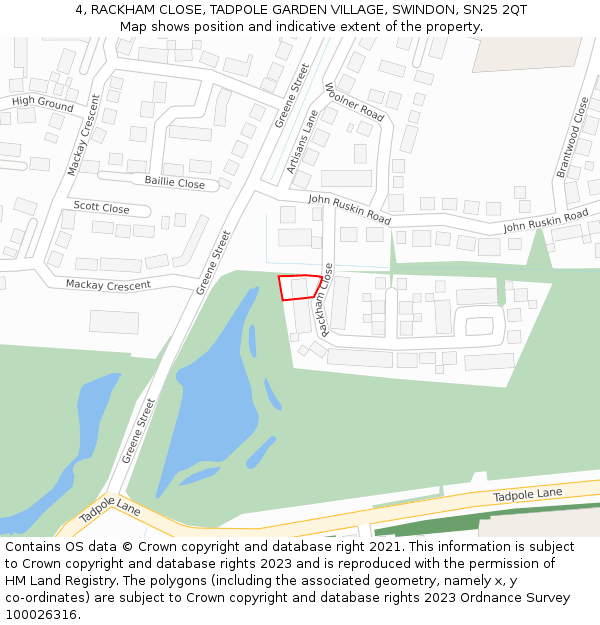 4, RACKHAM CLOSE, TADPOLE GARDEN VILLAGE, SWINDON, SN25 2QT: Location map and indicative extent of plot
